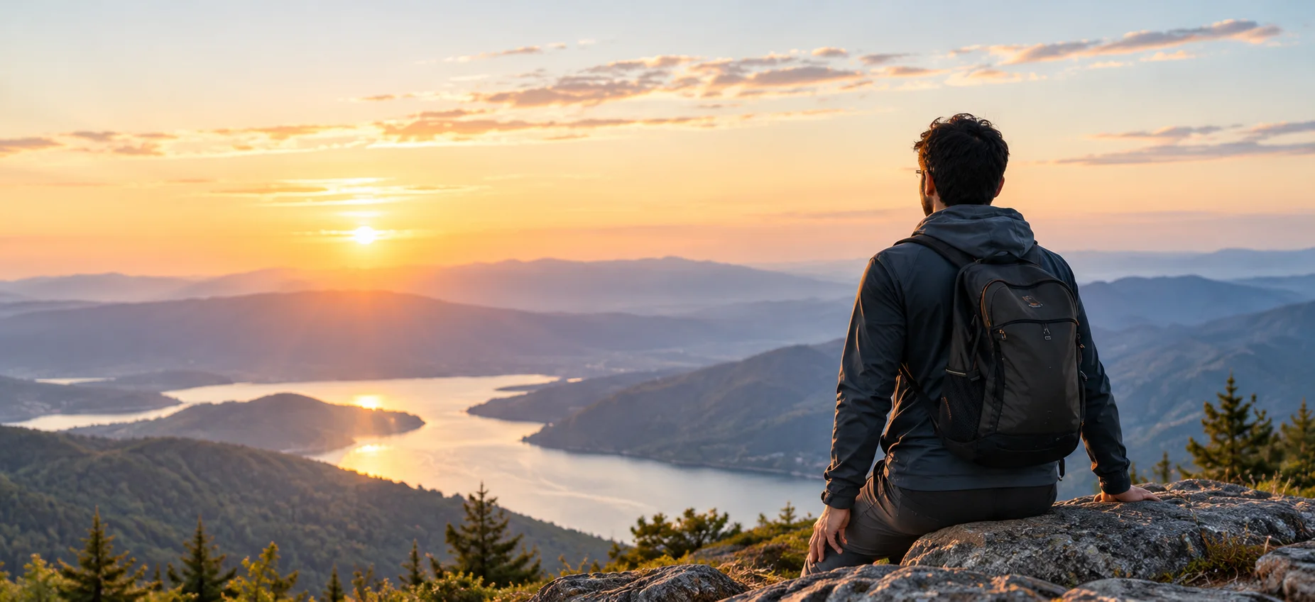 A man resting on a mountain top, looking out over a lake at sunrise