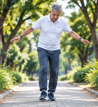 Older man walking carefully with arms out for balance