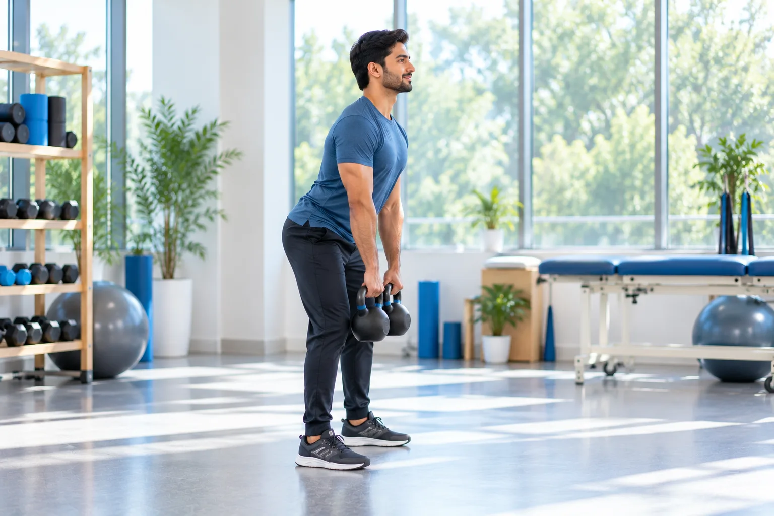 Illustration: a young man lifting kettlebells with an upright, neutral spine in a bright physiotherapy studio