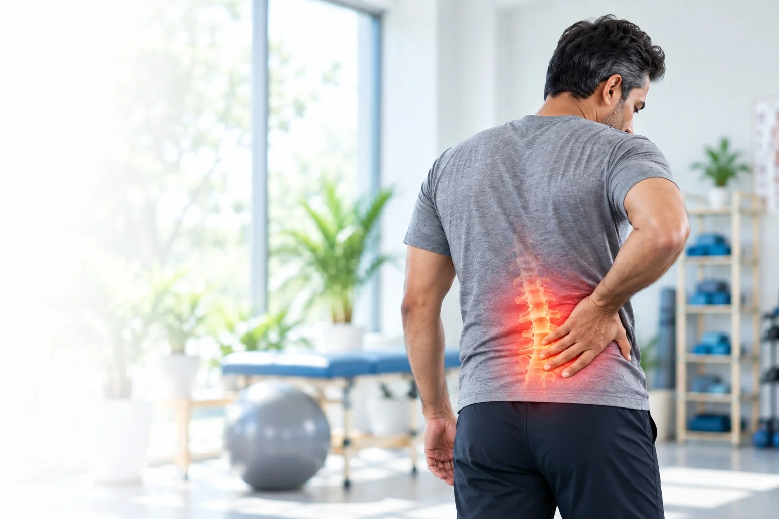 Person holding their lower back with pain highlighted along the spine