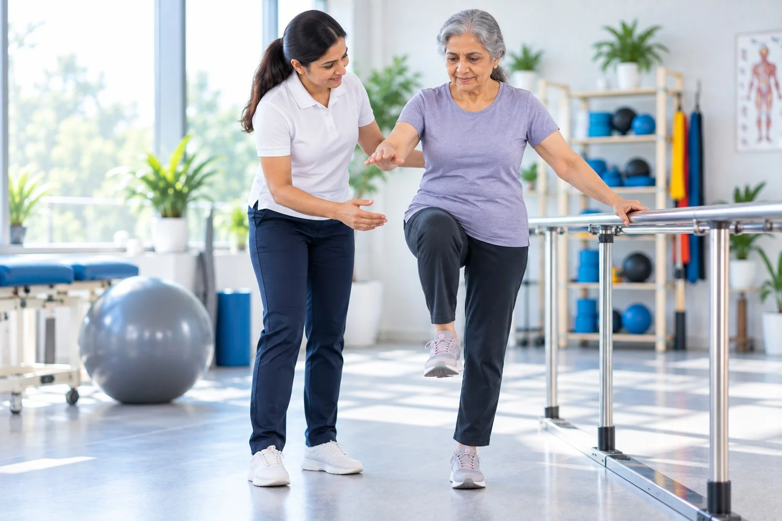 Older man walking carefully with arms out for balance