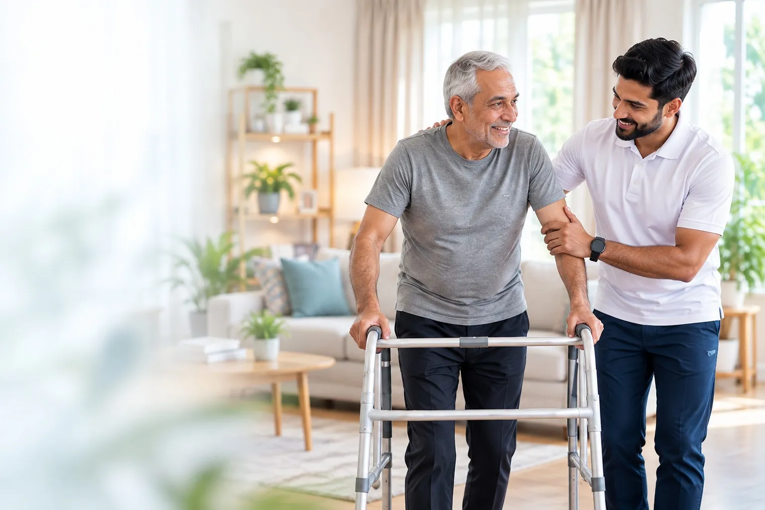 A physiotherapist supporting an older man walking with a frame at home