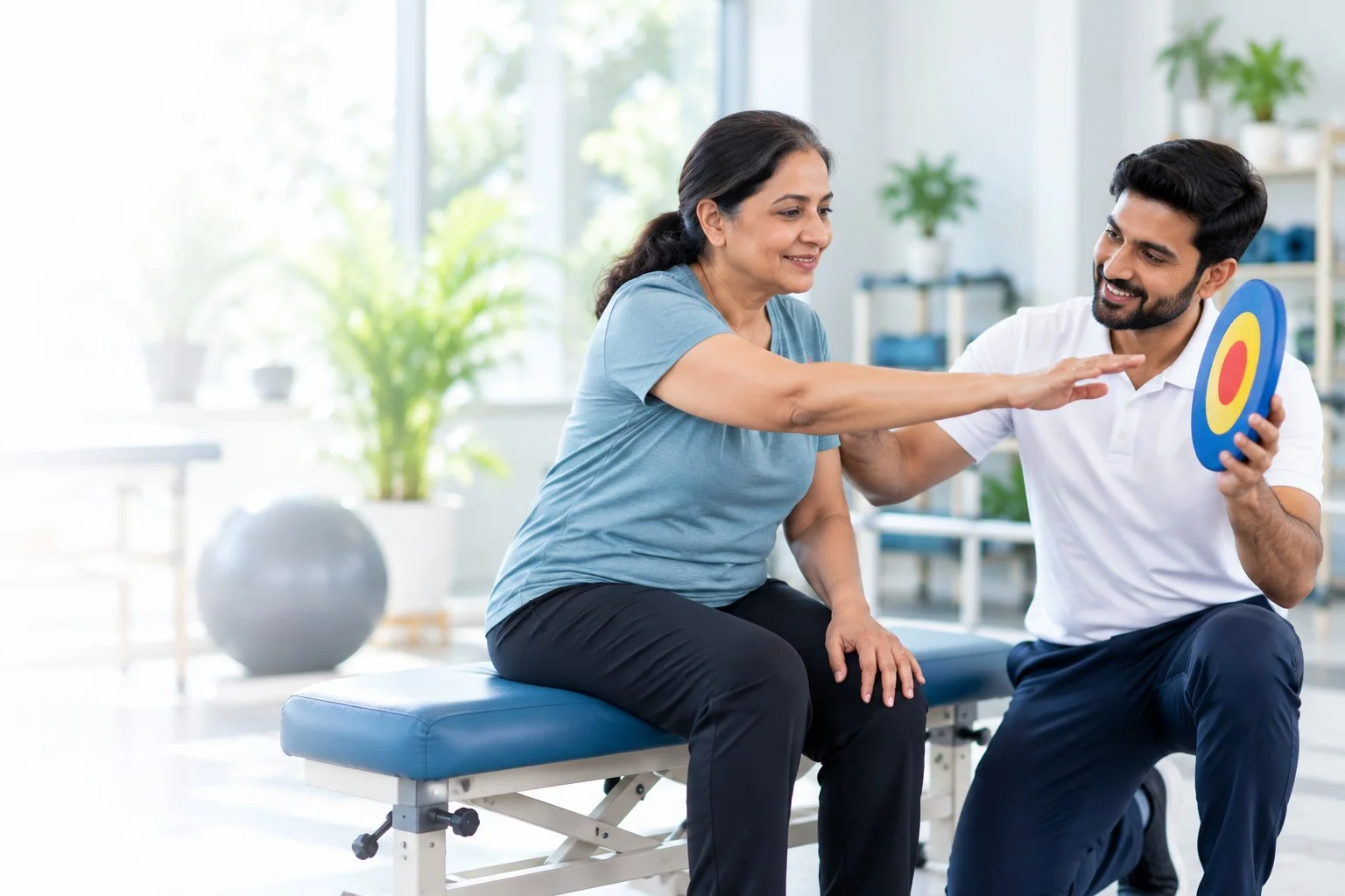 A physiotherapist guiding a woman through a seated reaching exercise