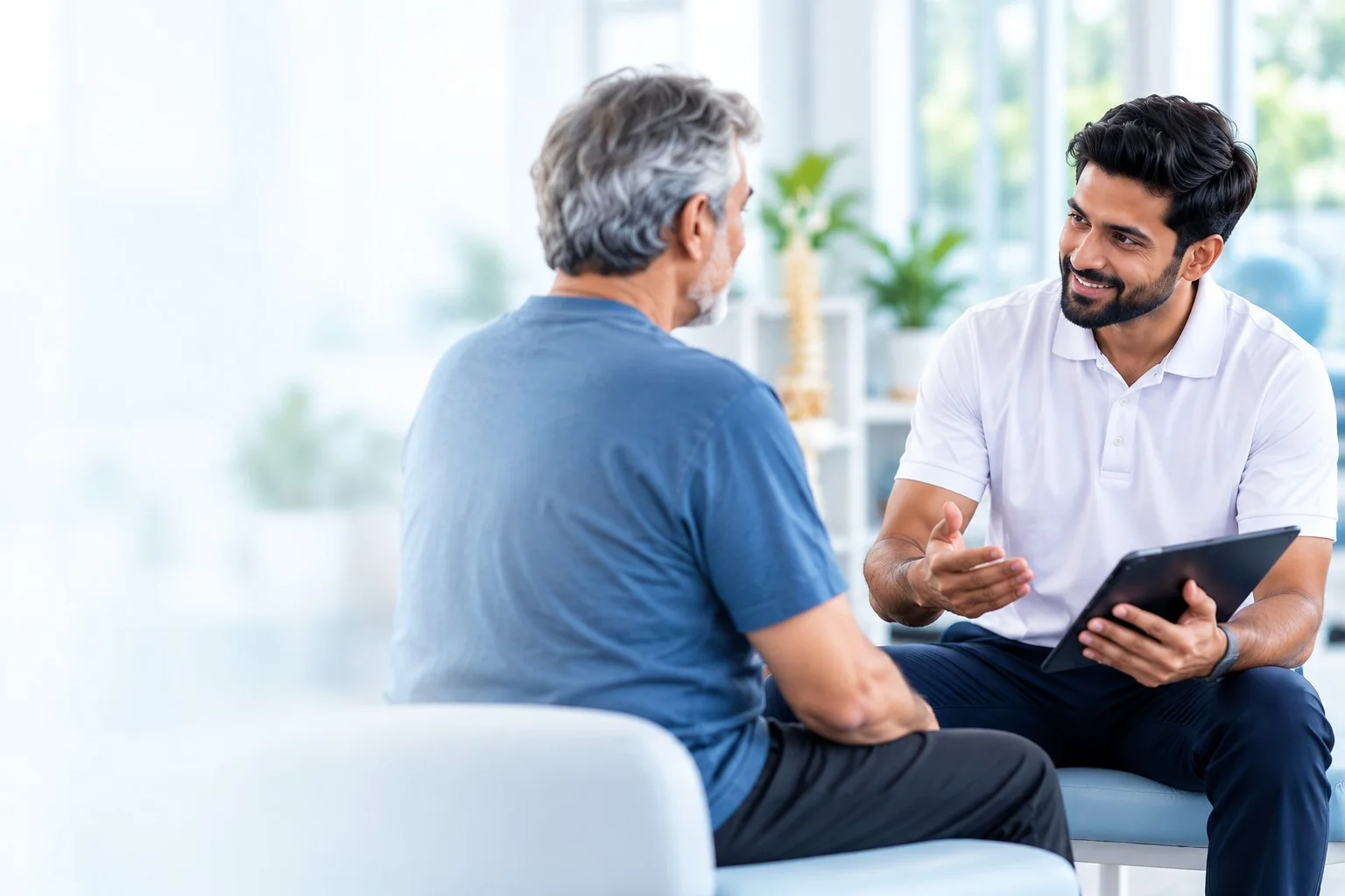 A physiotherapist with a tablet talking warmly with an older patient