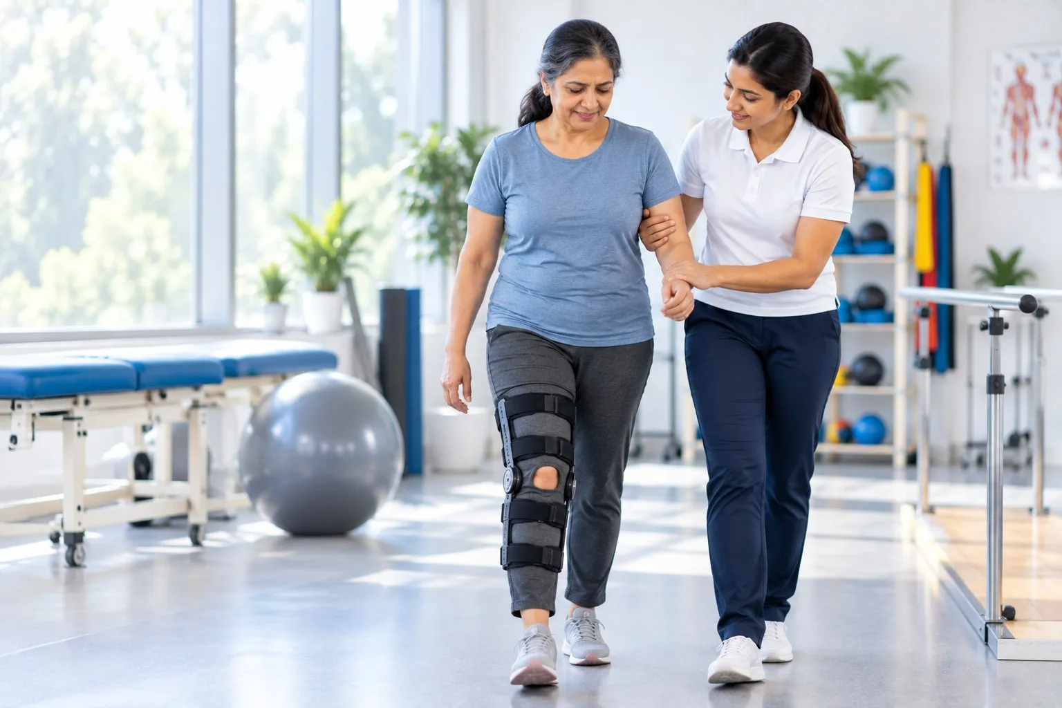 A physiotherapist supporting a woman walking with a knee brace