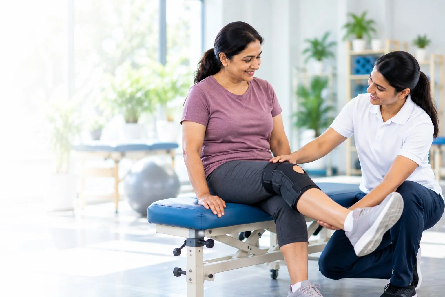 A physiotherapist supporting a woman’s knee exercise after surgery