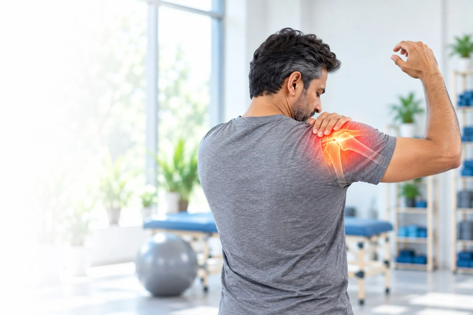 Man holding his painful shoulder
