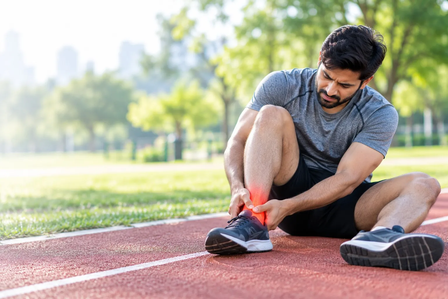 A young athlete holding their injured ankle on a running track