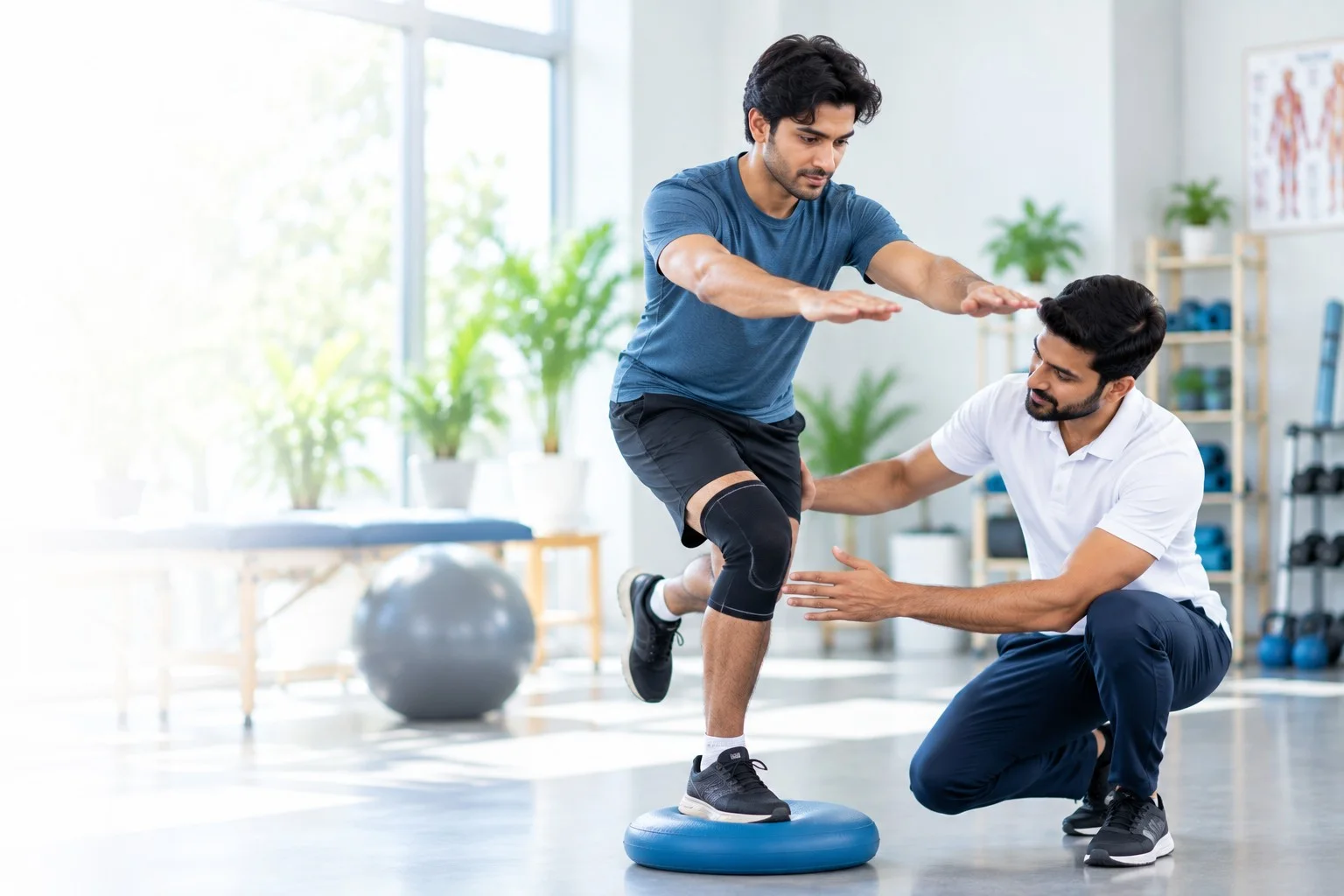 A physiotherapist spotting a young man’s single-leg balance exercise