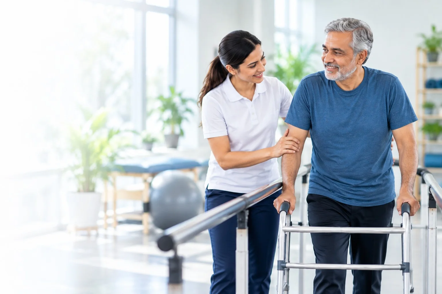 A physiotherapist supporting an older man walking with a frame between parallel bars