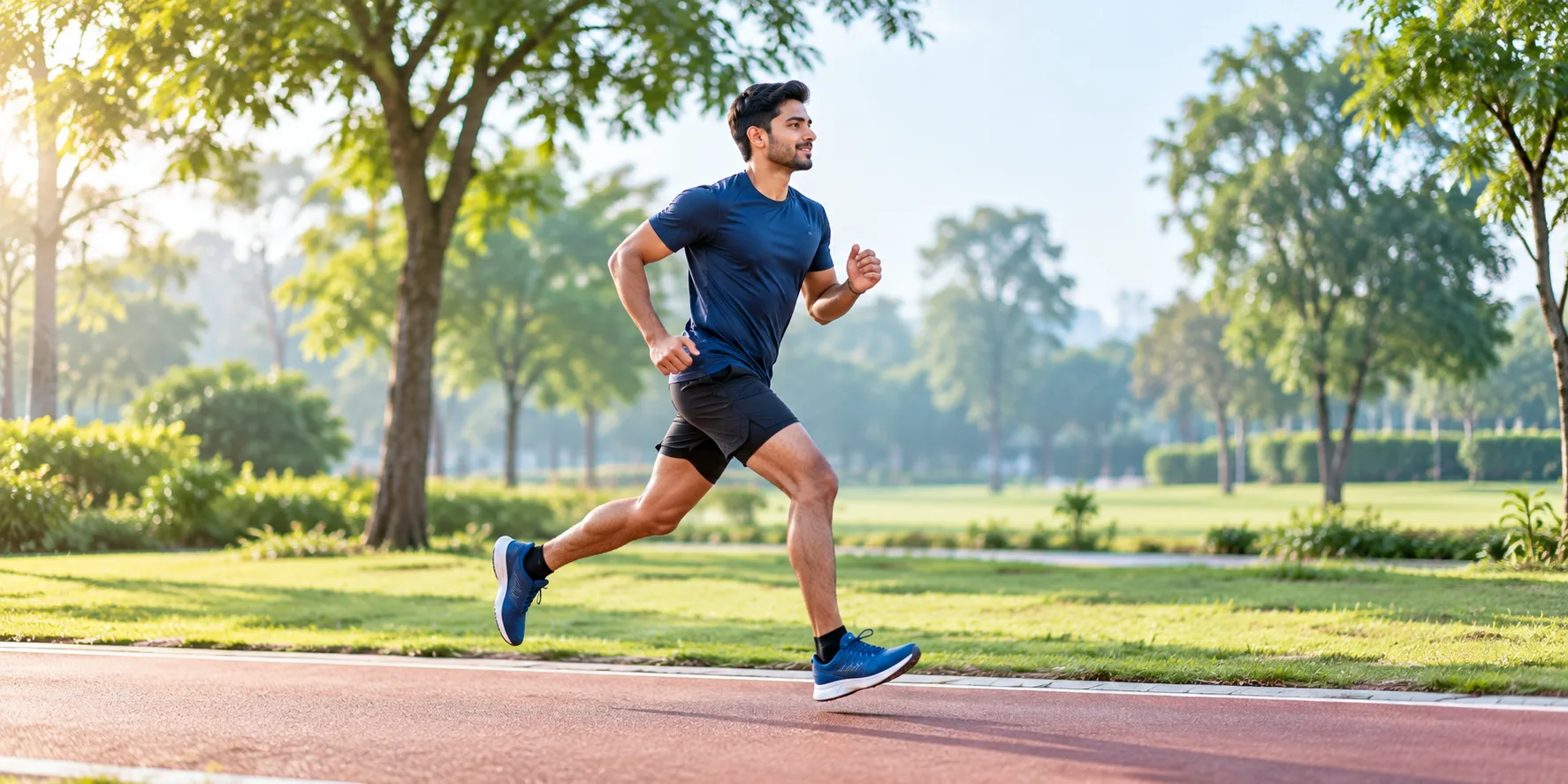 Illustration: a young man running on a park track in morning light